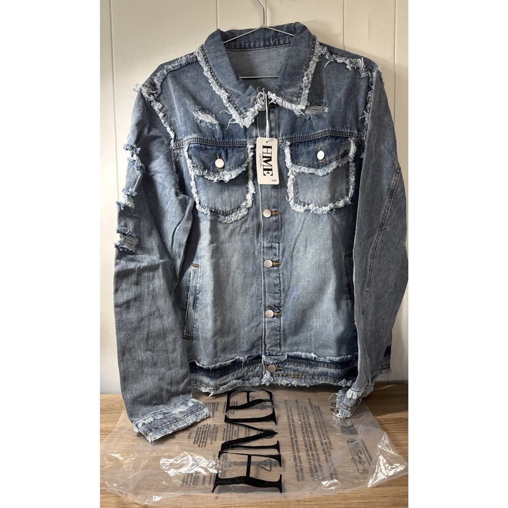HME New L/40 Blue Jean Jacket Button Front Collared Pockets Long Sleeve QQ